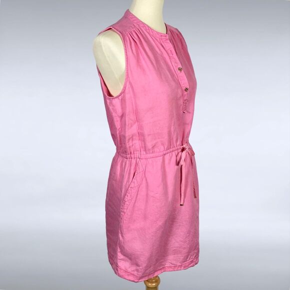 Juicy Couture Womens Mini Dress M Pink Linen Sleeveless Gold Buttons Drawstring - Picture 1 of 9